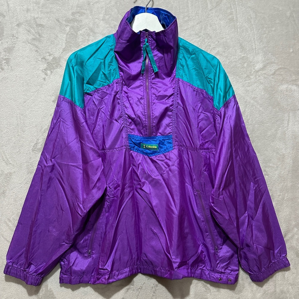 Columbia Womens L Vintage 90s Windbreaker Jacket Purple Teal 1/4 Zip Pullover